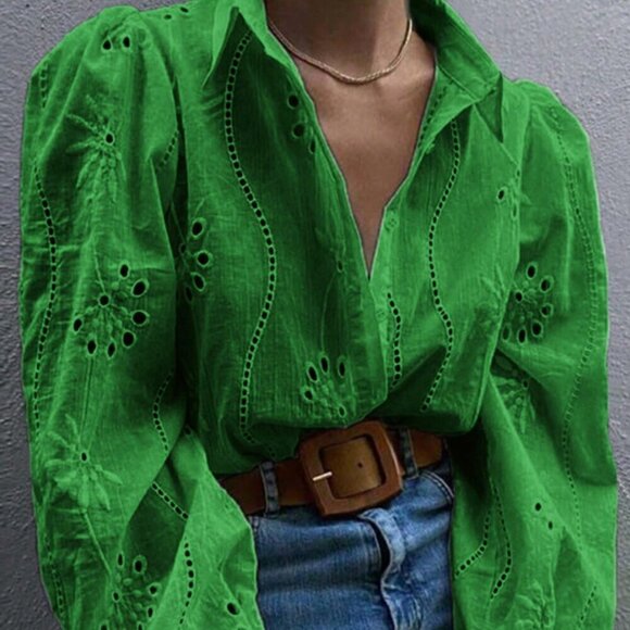 Tops - Green Casual Women's Hollow-Out Embroidery Turn-Down Collar Long Sleeve Top